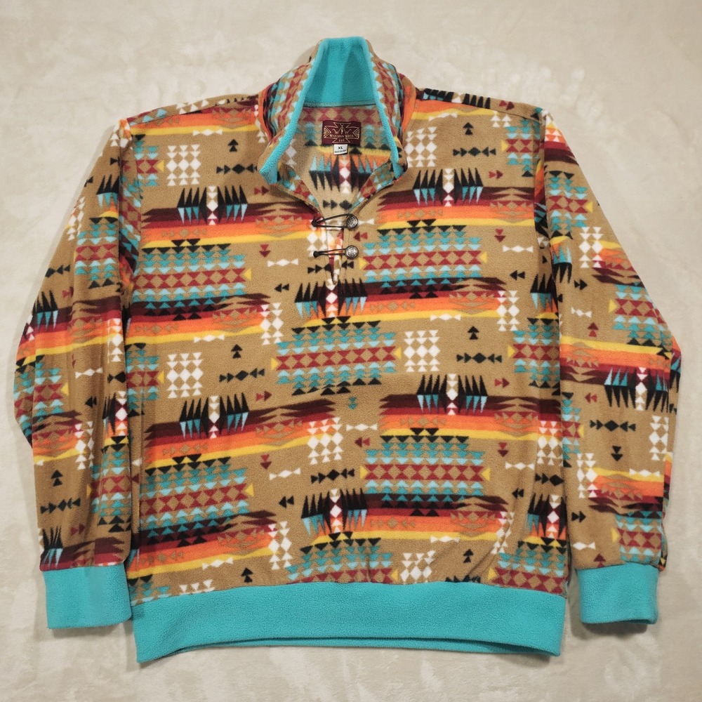 Western Wits Fleece Pullover Mens XL Tan Southwestern Geometric Toggle Sweater
